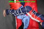 Sonja tied and gagged overhead with ropes and a ballgag wearing a sexy shiny nylon oldschool downbib (Pics)