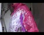 Sonja foaming her shiny nylon down suit with shaving cream in the shower (Video)