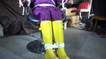 Watching sexy Sandra wearing hot purple shiny nylon rainwear with rubber boots being tied, gagged and hooded from Stella wearing a sexy yellow shiny nylon rainwear with high heels rubber boots (Video)