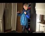 Pia wearing a sexy dark blue rain pants and a sexy down jacket while arranging the shiny nylon clothes (Video)