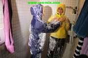 Watching STELLA and SANDRA both wearing shiny nylon rainwear playing with shaving foam and eachother (Pics)