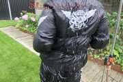 Watching Aiyana wearing a sexy black shiny nylon rainpant and a black shiny nylon down jacket trying the garden shower  (Pics)