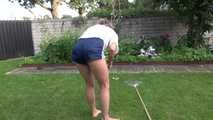 Watching sexy SANDRA wearing a darkblue/white striped  shiny nylon shorts and a top while gardening outdoor (Video)