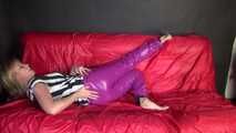 Watching sexy Pia putting on a purple shiny nylon pants of CRAZYSEBSATION and a white/black striped top (Video) 