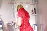 Sonja tied and gagged with cuffs and a cloth gag in a shower wearing a sexy red shiny nylon jumpsuit (Pics)