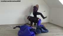 Lady Lana - Equestrienne mistress and her downjacket slave - riding the slave