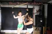 ***RONJA*** being tied and gagged overhead with ropes and a special combination of nylon over head and tape gagg from STELLA both wearing sexy shiny nylon shorts and tops (Pics)