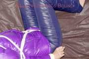 Pia tied and gagged with ropes and a ballgag with eye patches wearing a sexy crazy sensation down pants and a purple down jacket (Pics)