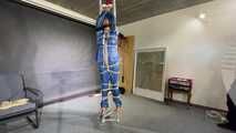 Ms ungeniert tied, gagged, suspended ind a shiny nylon Rainsuit and finally bullwhipped