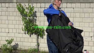 watch Sonja taking care of the garden enjoying her shiny nylon rainpants and her nylon windbreaker!