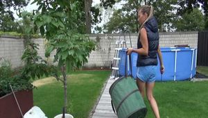 Get a video with Sandra gardening in her shiny nylon Downvest
