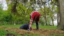 Rubber boot mistress presses slave face into manure