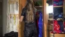 Watching sexy Sandra wearing a black shiny nylon jumpsuit doing her housework (Video)