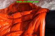 SEXY SONJA wearing a black shiny nylon rain pants and an orange big downjacket enjoying a bath (Pics)