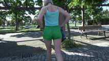 SEXY ***SONJA*** wearing a sexy green shiny nylon shorts under her Jeans walking through the city  (Video)