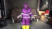 Watching sexy Sandra wearing hot purple shiny nylon rainwear with rubber boots being tied, gagged and hooded from Stella wearing a sexy yellow shiny nylon rainwear with high heels rubber boots (Video)