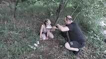 Blonde submissive slave girl  outdoor training - disgusting public feeding experience