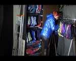 Sonja wearing a sexy black shiny skinny pant and a shiny blue down jacket trying on several shorts (Video)