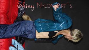 Watching Sonja wearing sexy shiny nylon rain pants and a sexy shiny nylon down jacket changing clothes (Pics)