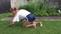 Watching sexy SANDRA wearing a darkblue/white striped  shiny nylon shorts and a top while gardening outdoor (Video)