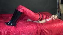 ***HOT***HOT***HOT***Mia wearing a sexy red shiny nylon jumpsuit and black shiny heel rubber boots being tied and gagged with belts and a clothgag (Video)