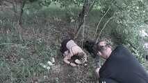 Blonde submissive slave girl  outdoor training - disgusting public feeding experience