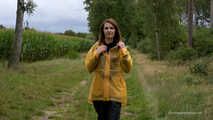 Miss Petra takes a walk in Hunter rain jacket, rain pants and rubber boots (very exclusive set with expensive rain gear)