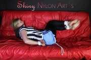 PiA being tied and gagged on a sofa with ropes and a clothgag wearing a sexy lightblue shiny nylon shorts and a white/black striped top Part 1 of 2 (Pics)