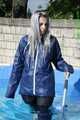 Watch Chloe cleaning the Pool in her shiny nylon Rainwear